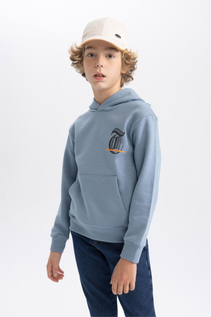 BOYS & TEENS Blue Boy Printed Hooded Thick Sweatshirt
