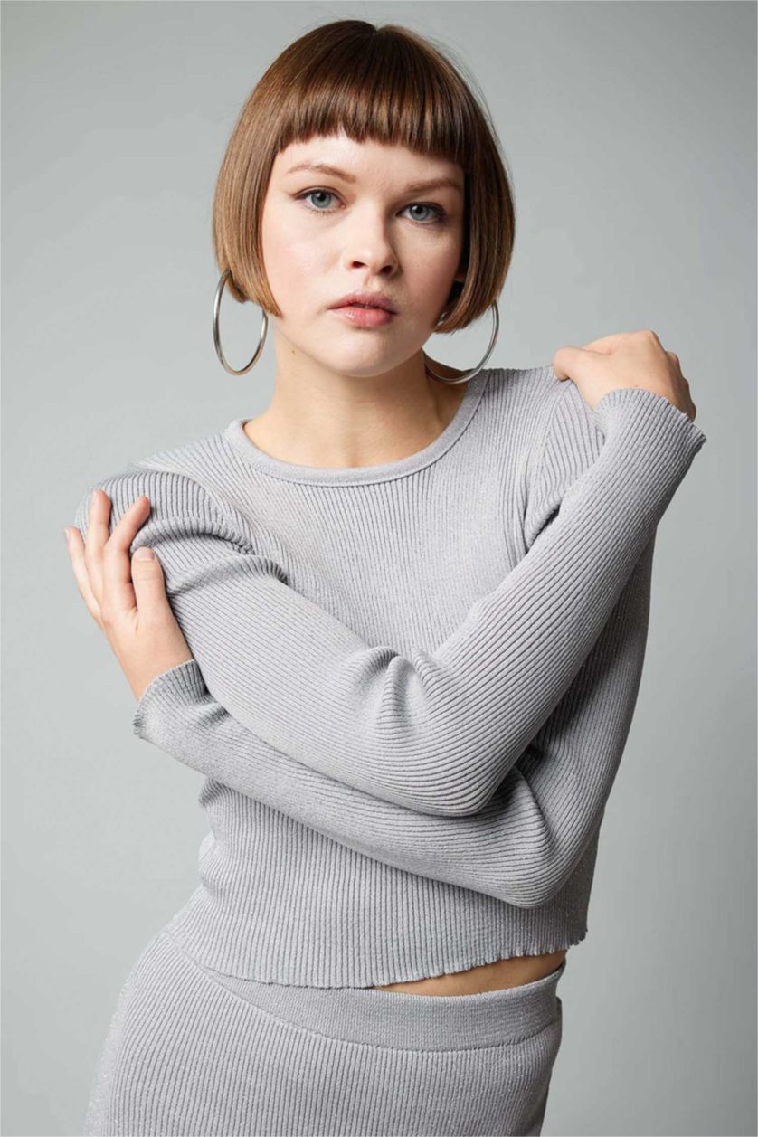 WOMAN Light Grey Melange Crop Crew Neck Glitter Fabric Knitted Pullover