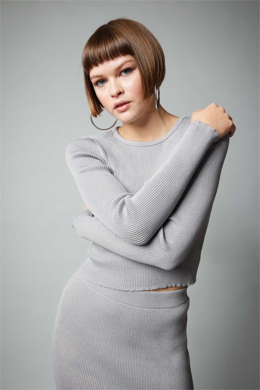 WOMAN Light Grey Melange Crop Crew Neck Glitter Fabric Knitted Pullover