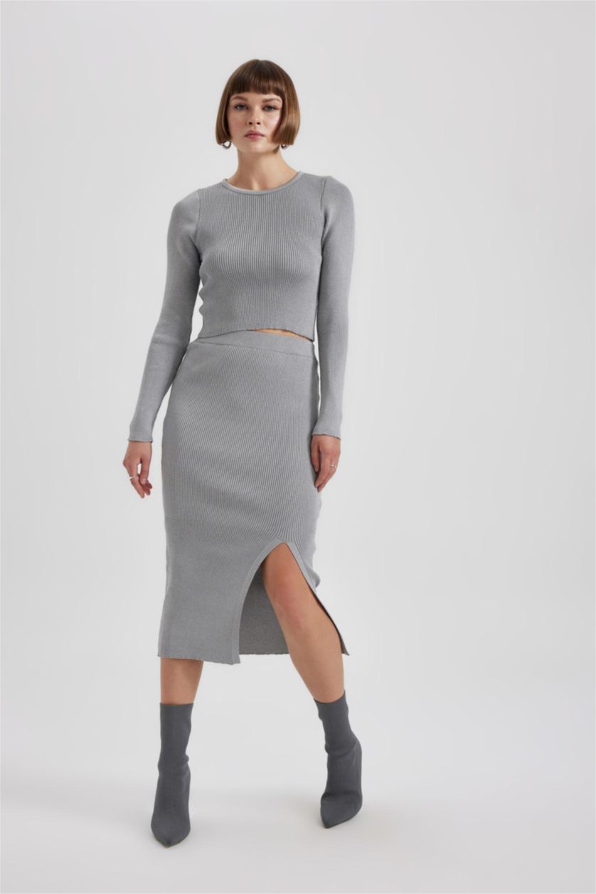 WOMAN Light Grey Melange Crop Crew Neck Glitter Fabric Knitted Pullover