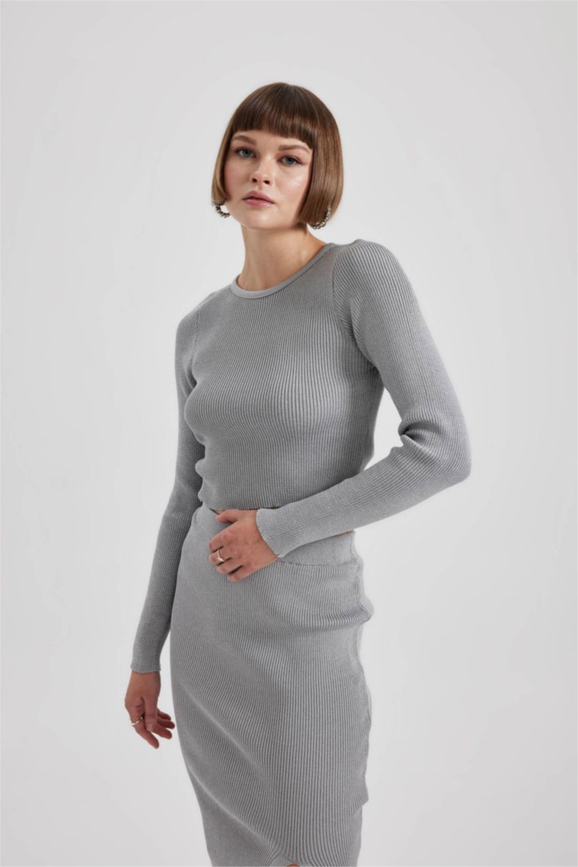 WOMAN Light Grey Melange Crop Crew Neck Glitter Fabric Knitted Pullover