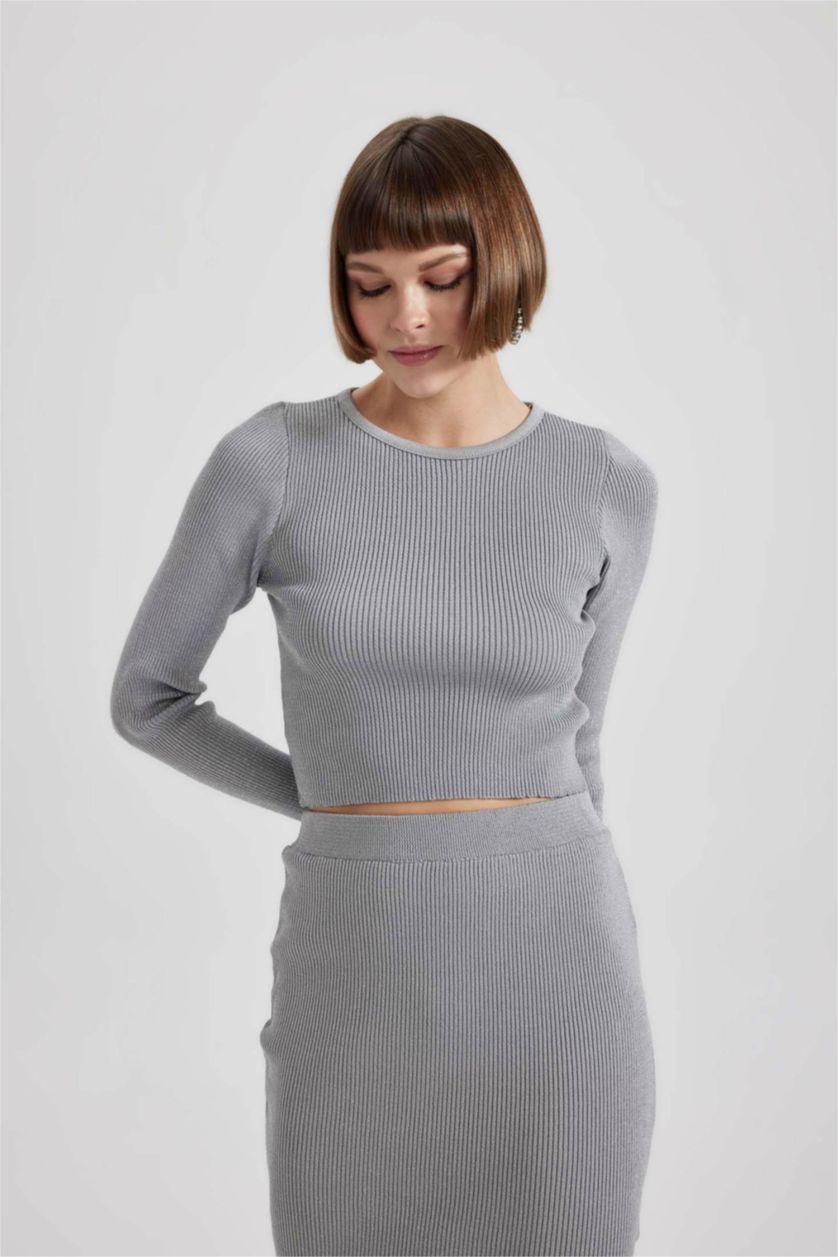 WOMAN Light Grey Melange Crop Crew Neck Glitter Fabric Knitted Pullover