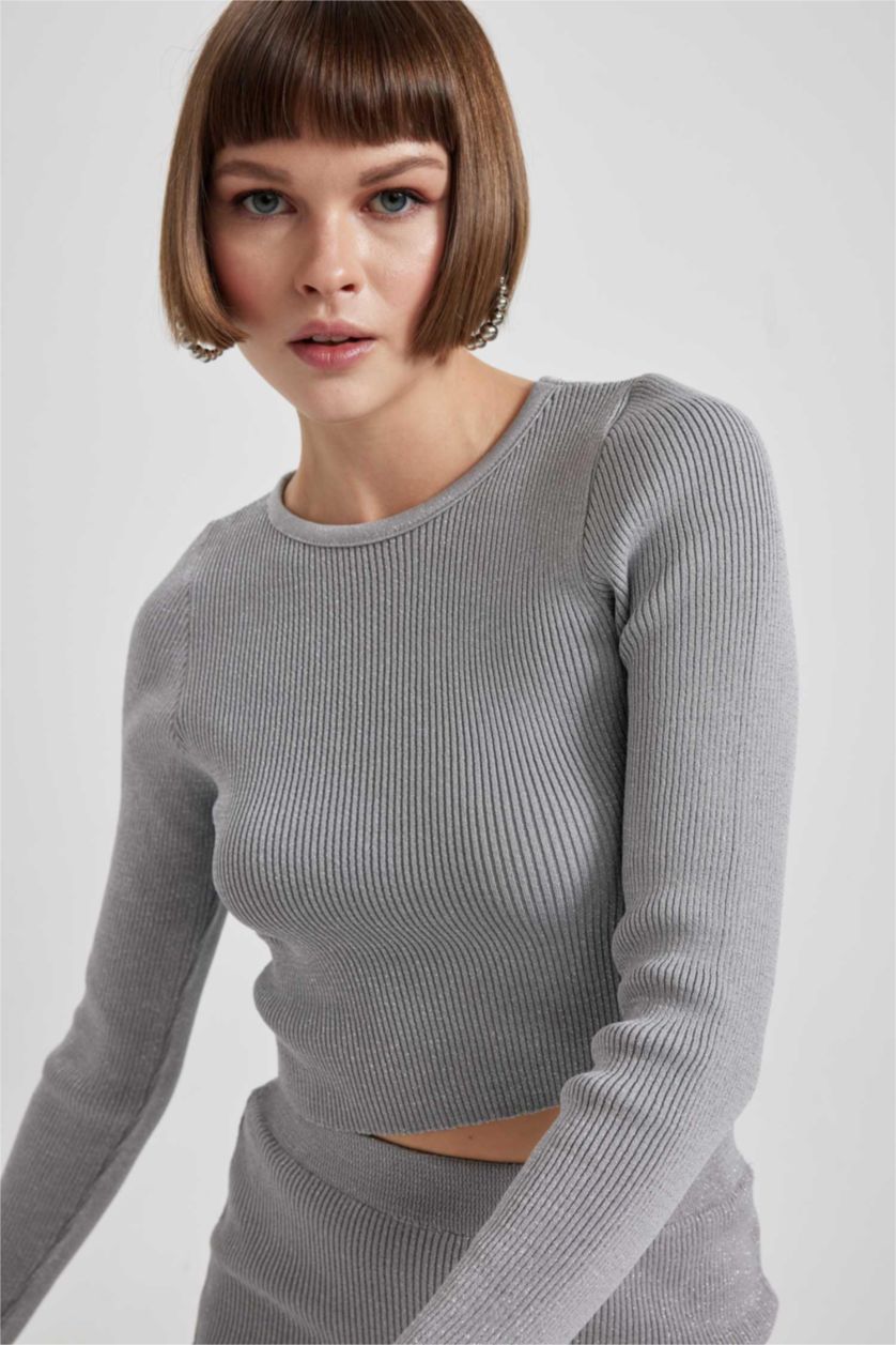 WOMAN Light Grey Melange Crop Crew Neck Glitter Fabric Knitted Pullover