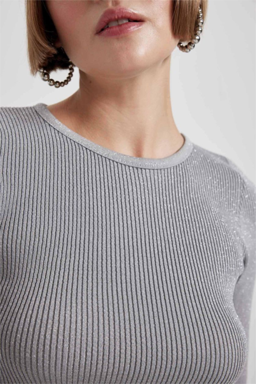 WOMAN Light Grey Melange Crop Crew Neck Glitter Fabric Knitted Pullover