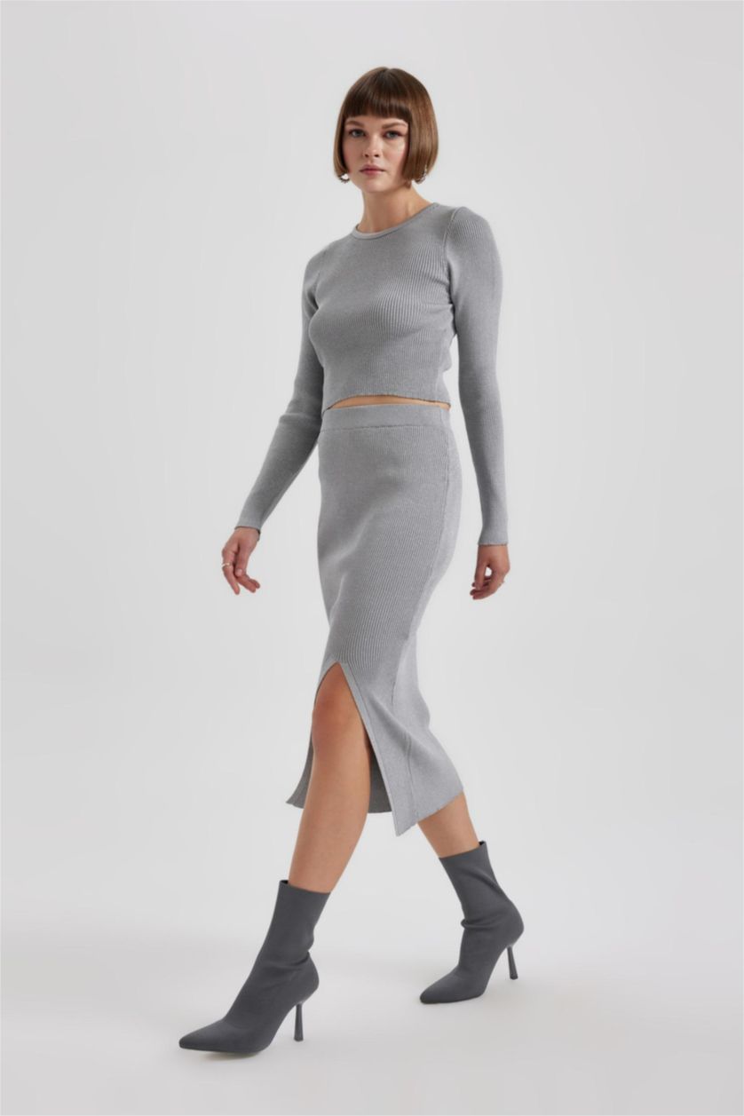 Woman Light Grey Melange Fitted Shiny Fabric Skirt