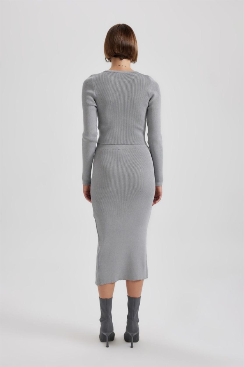 Woman Light Grey Melange Fitted Shiny Fabric Skirt