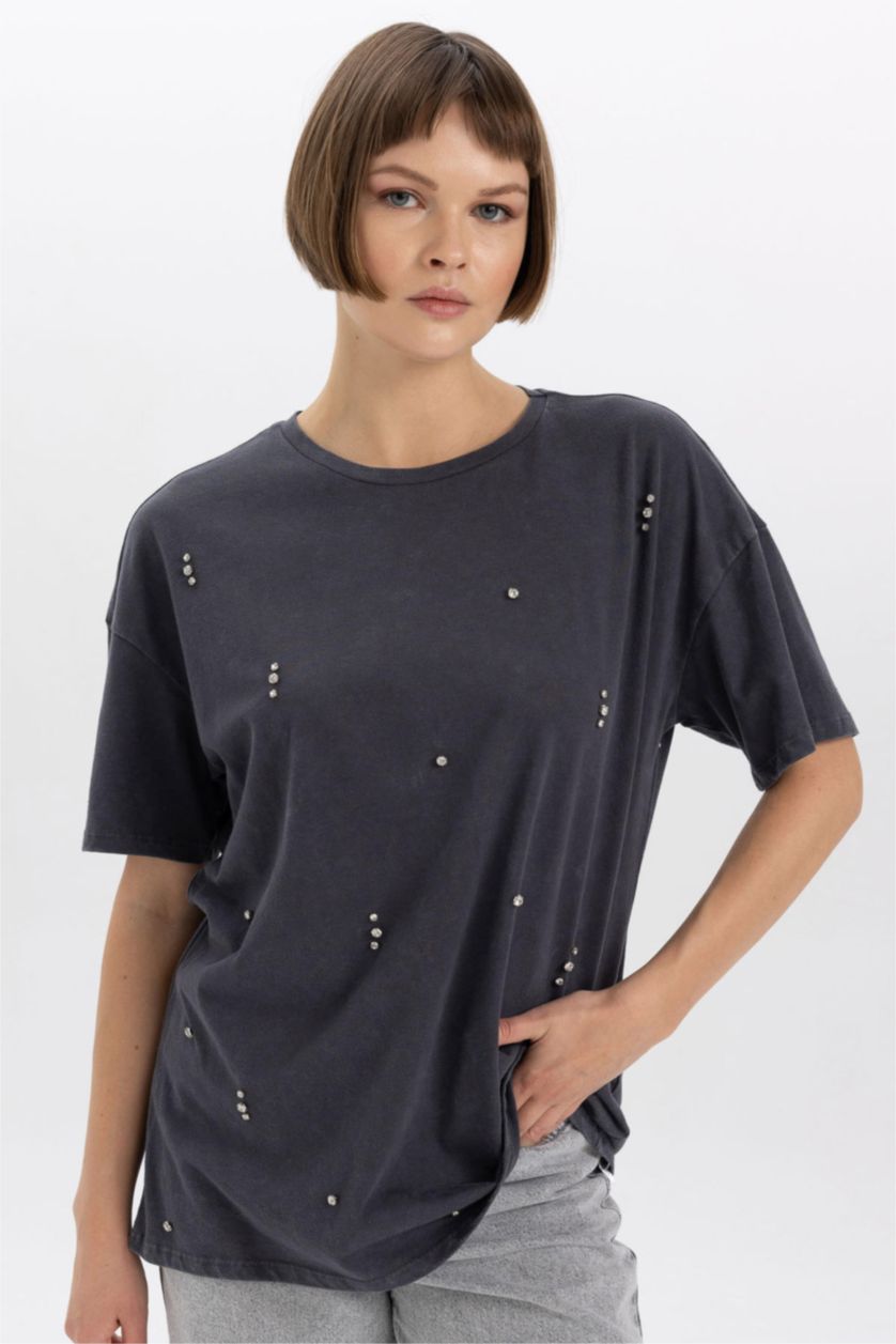 حريمي أنثرا تيشيرت نص كم اوفر سايز برقبة مستديرة