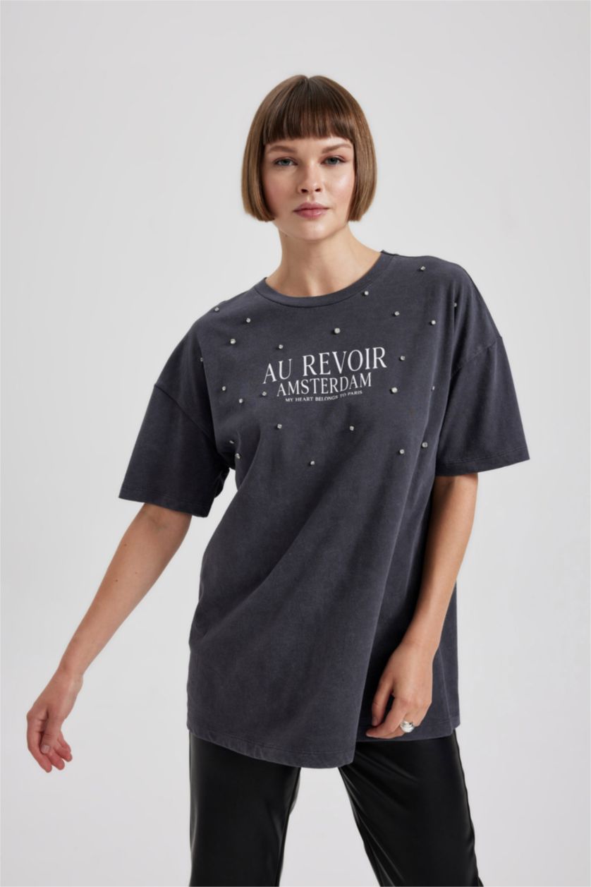 Kadın Antrasit Oversize Fit Bisiklet Yaka Baskılı Penye Kısa Kollu Tişört