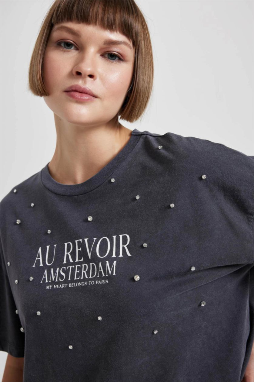 Kadın Antrasit Oversize Fit Bisiklet Yaka Baskılı Penye Kısa Kollu Tişört