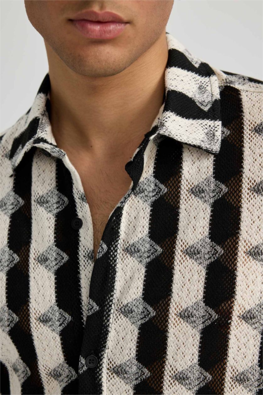 Erkek Ekru Regular Fit Desenli Kısa Kollu Gömlek