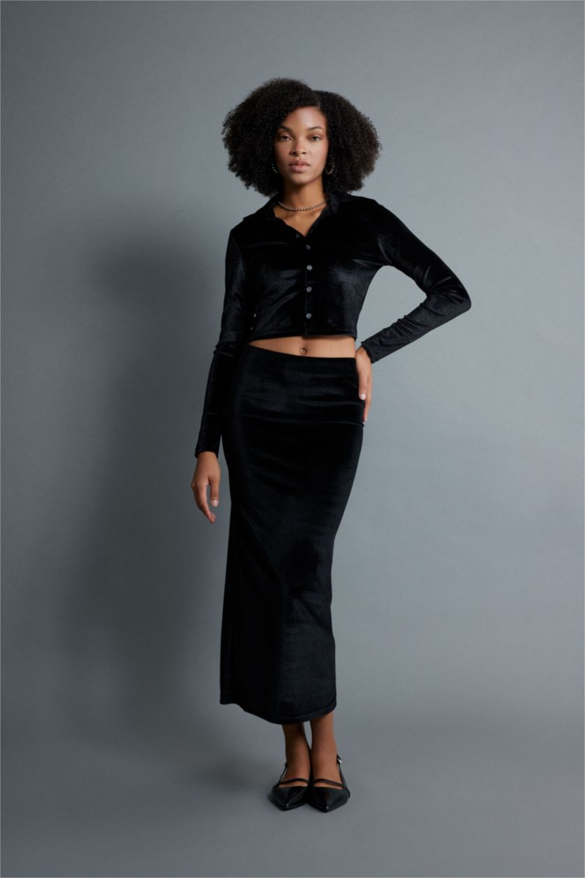 Kadın Siyah Kalem Velur Maxi Etek