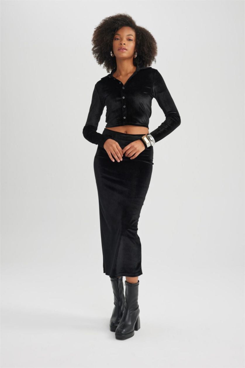 Kadın Siyah Kalem Velur Maxi Etek