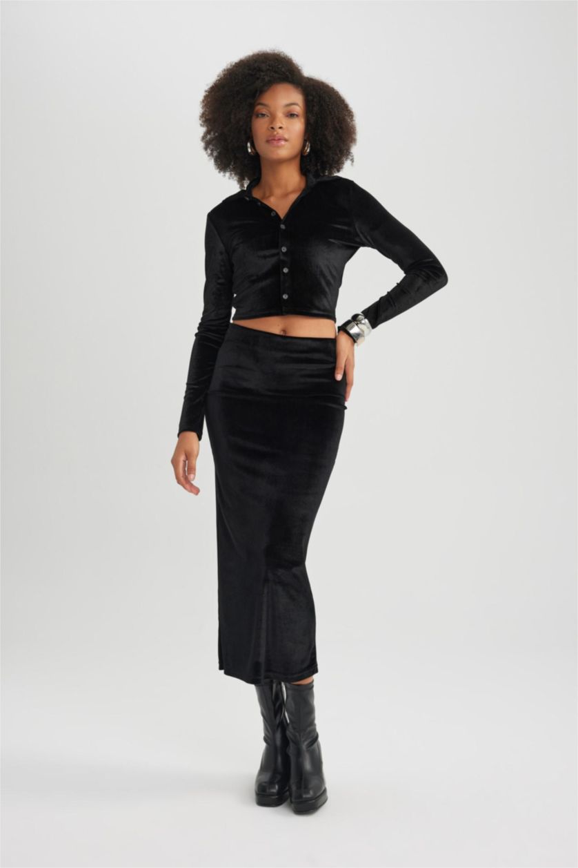 Kadın Siyah Kalem Velur Maxi Etek