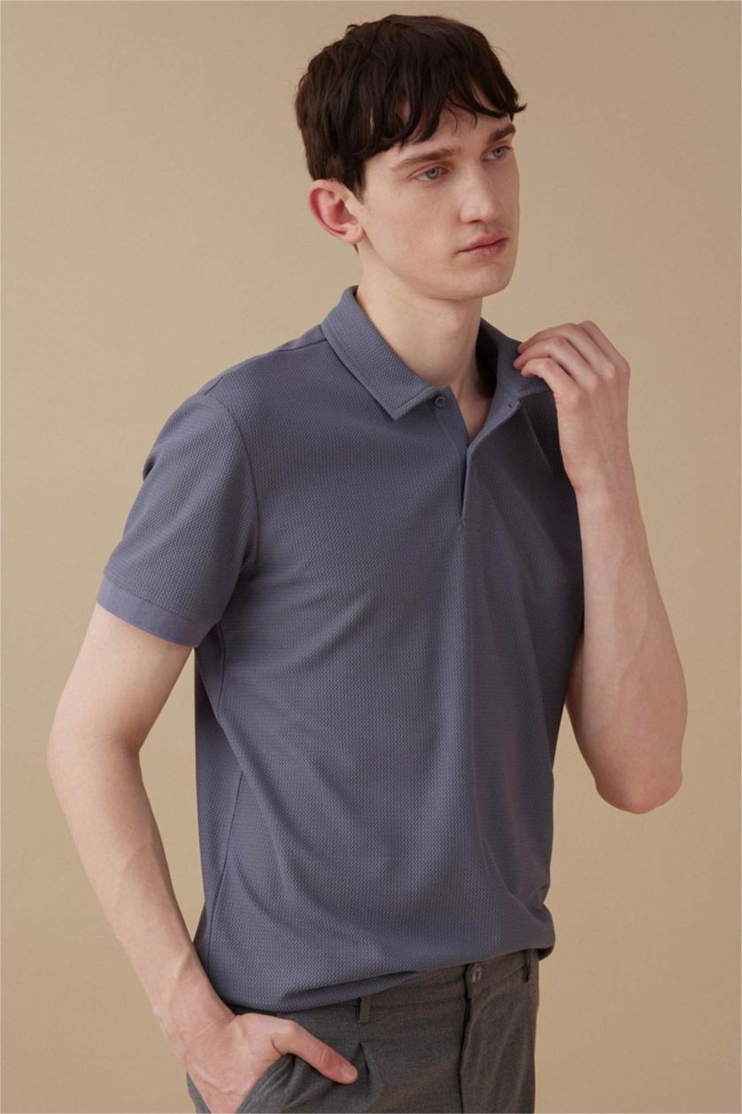 Erkek Mavi Modern Fit Polo Yaka Basic Düz Dokulu Kısa Kollu Tişört