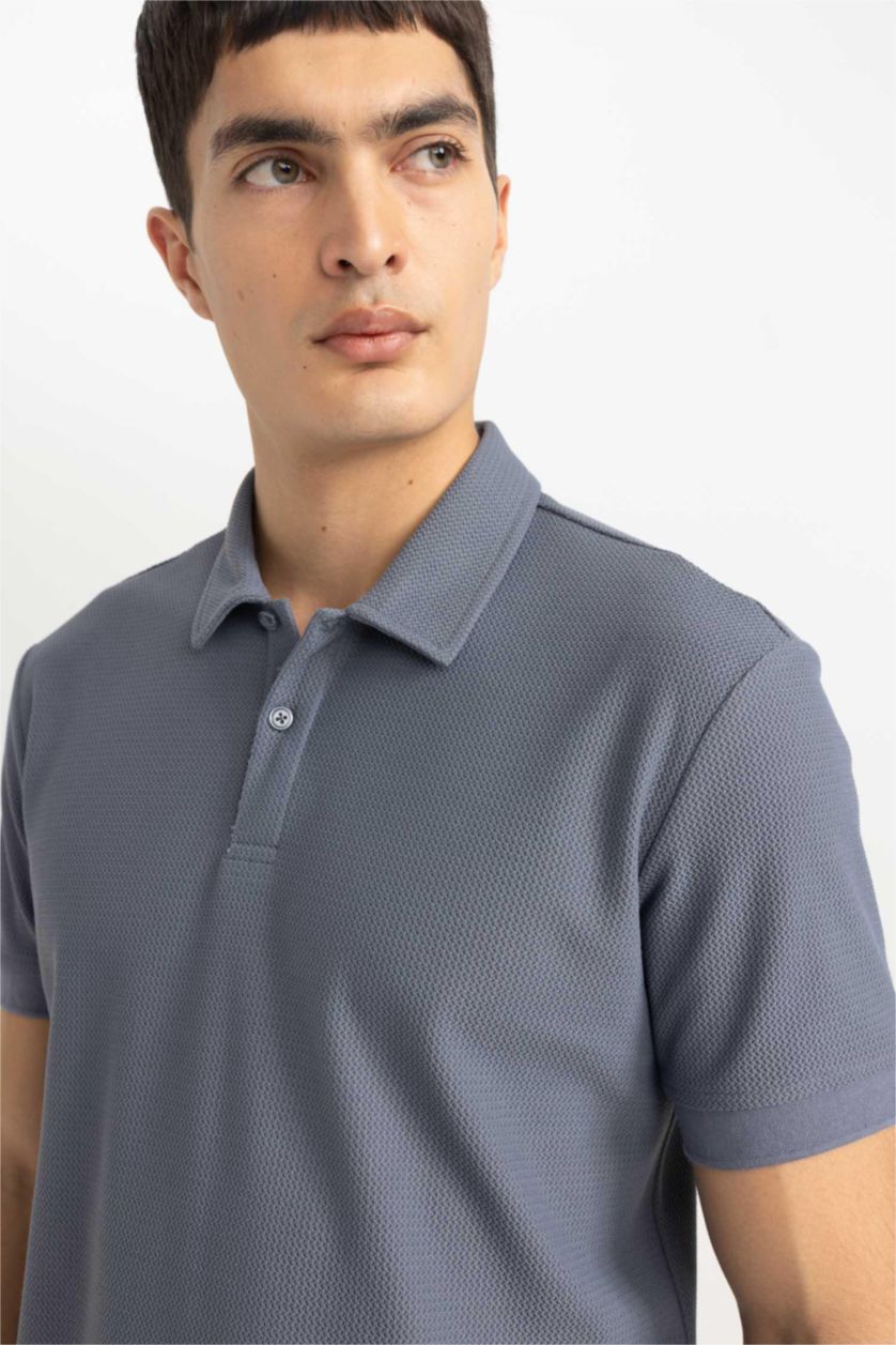 Erkek Mavi Modern Fit Polo Yaka Basic Düz Dokulu Kısa Kollu Tişört
