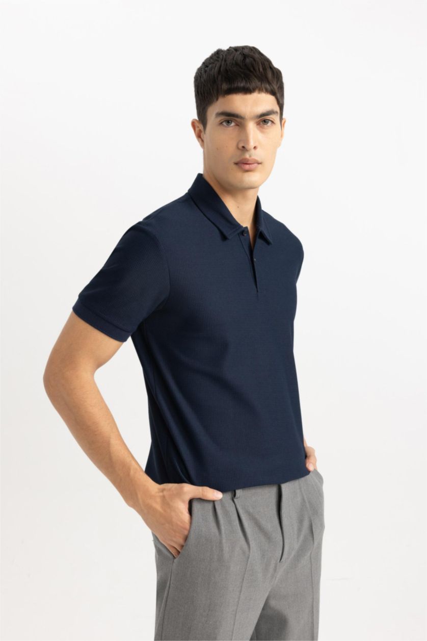 Erkek Lacivert Modern Fit Basic Düz Dokulu Kısa Kollu Polo Tişört