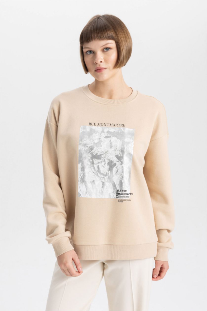 FEMME Beige Sweatshirt Épais Coupe Relaxant Col Rond