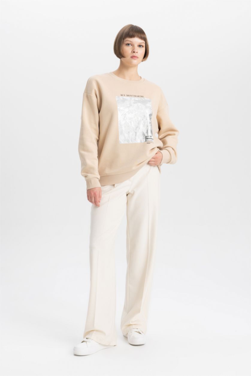 FEMME Beige Sweatshirt Épais Coupe Relaxant Col Rond
