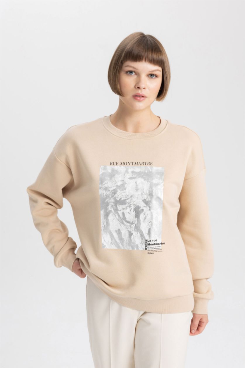 FEMME Beige Sweatshirt Épais Coupe Relaxant Col Rond