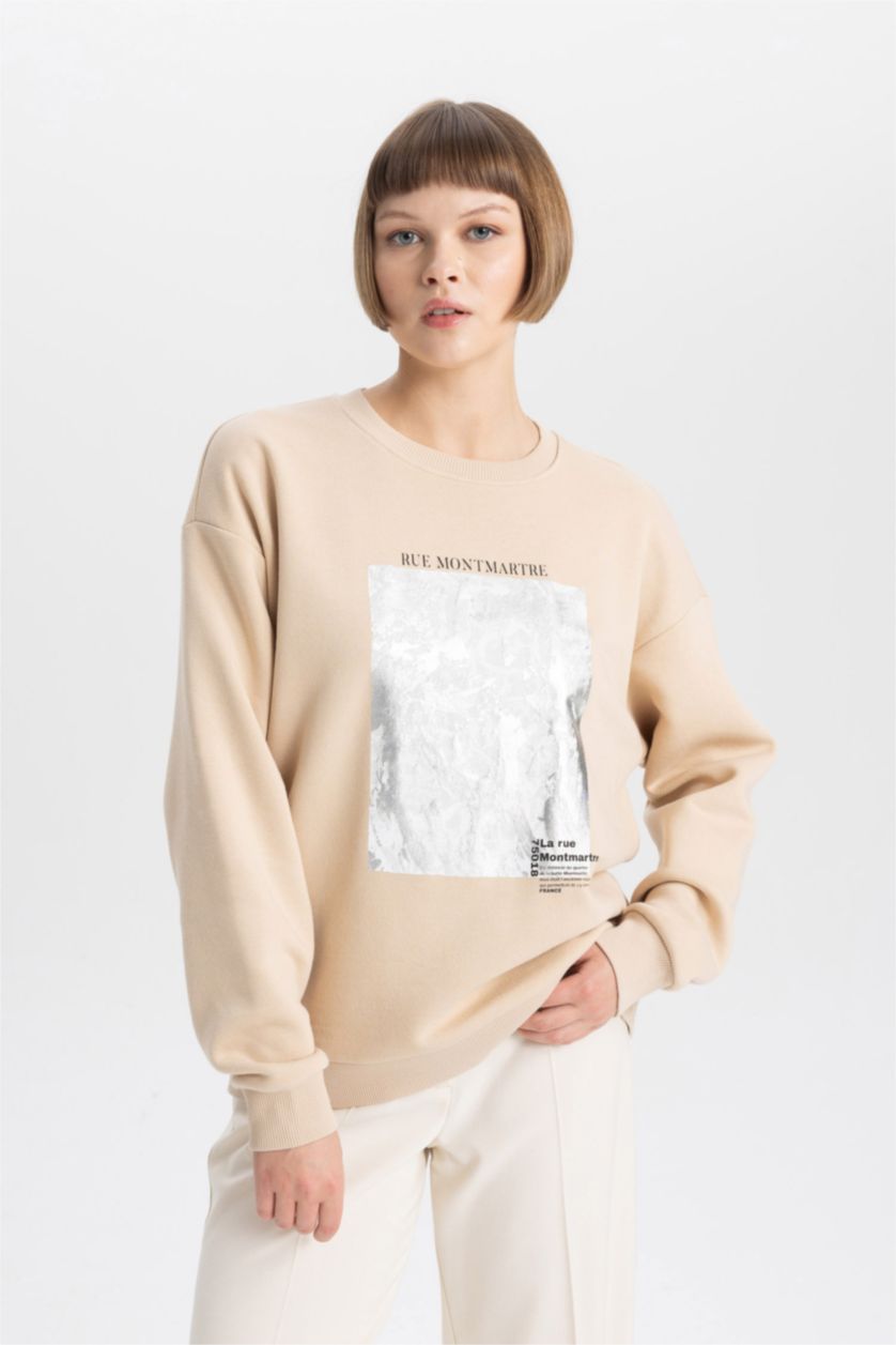 FEMME Beige Sweatshirt Épais Coupe Relaxant Col Rond