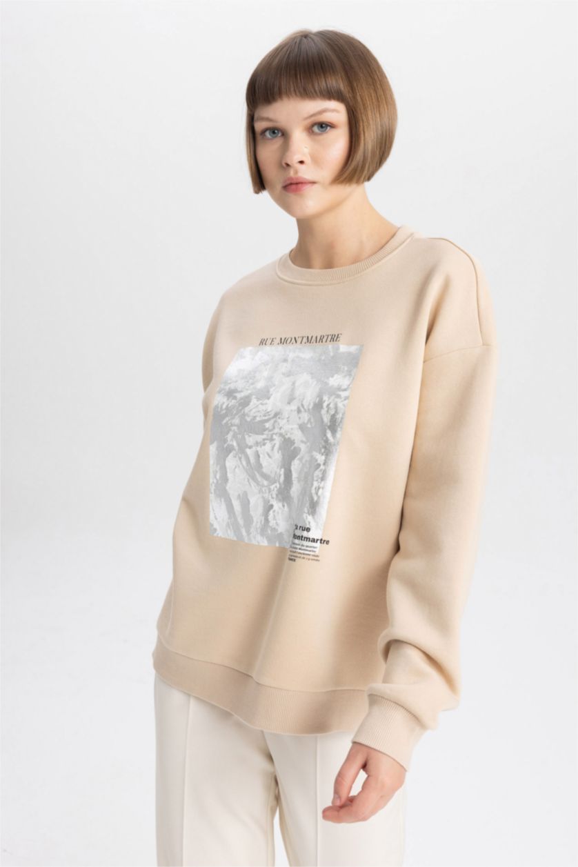 FEMME Beige Sweatshirt Épais Coupe Relaxant Col Rond
