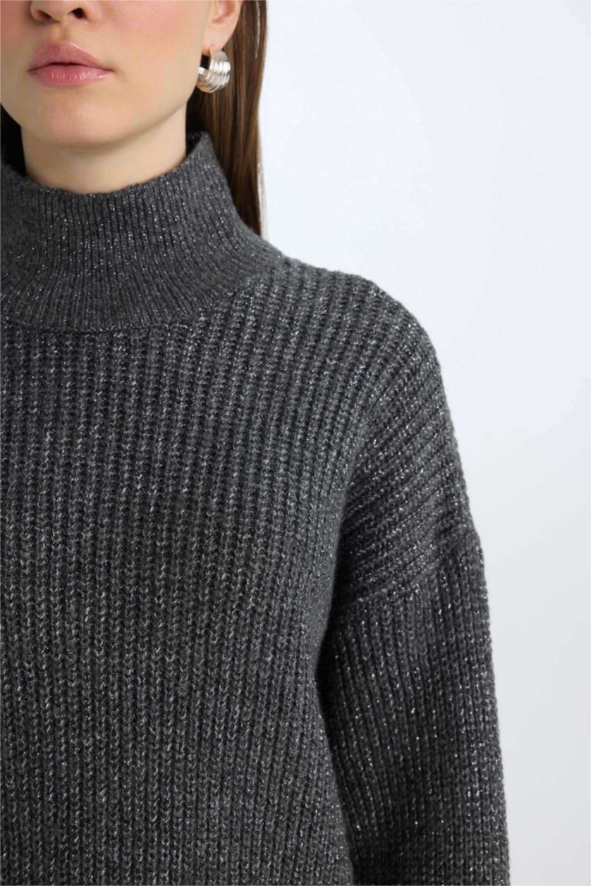 Kadın Antrasit Regular Fit Balıkçı Yaka Basic Düz Triko Kazak Tunik	