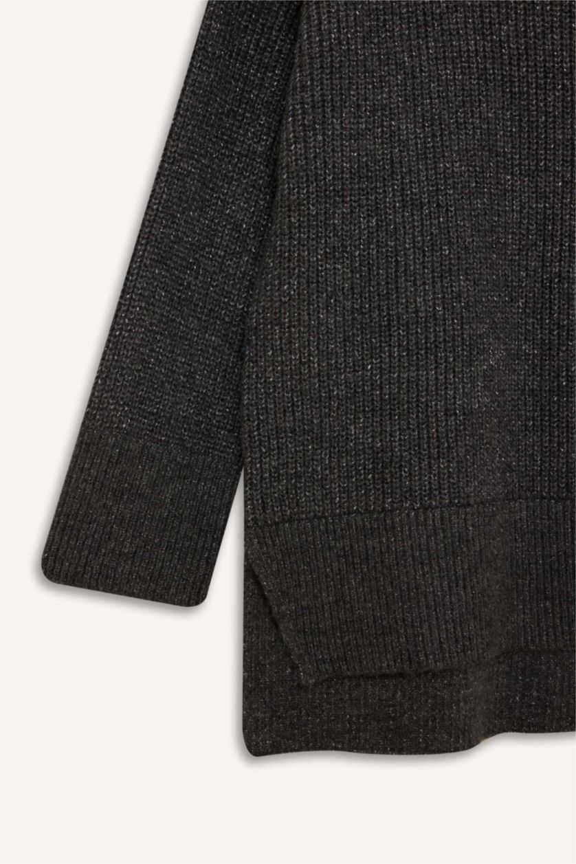 Kadın Antrasit Regular Fit Balıkçı Yaka Basic Düz Triko Kazak Tunik	