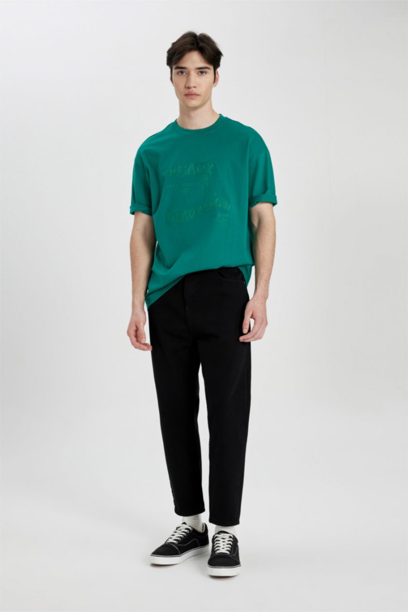 Erkek Yeşil %100 Pamuk Comfort Regular Fit Rahat Kalıp Bisiklet Yaka Baskılı Kısa Kollu Tişört