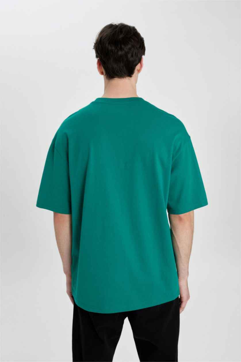 Erkek Yeşil %100 Pamuk Comfort Regular Fit Rahat Kalıp Bisiklet Yaka Baskılı Kısa Kollu Tişört