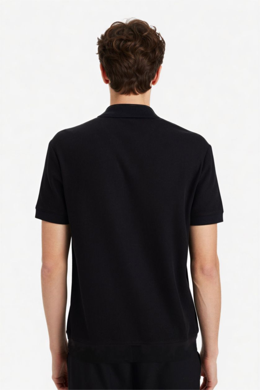 Erkek Siyah Regular Fıt Pilise Kısa Kollu Polo Tişört