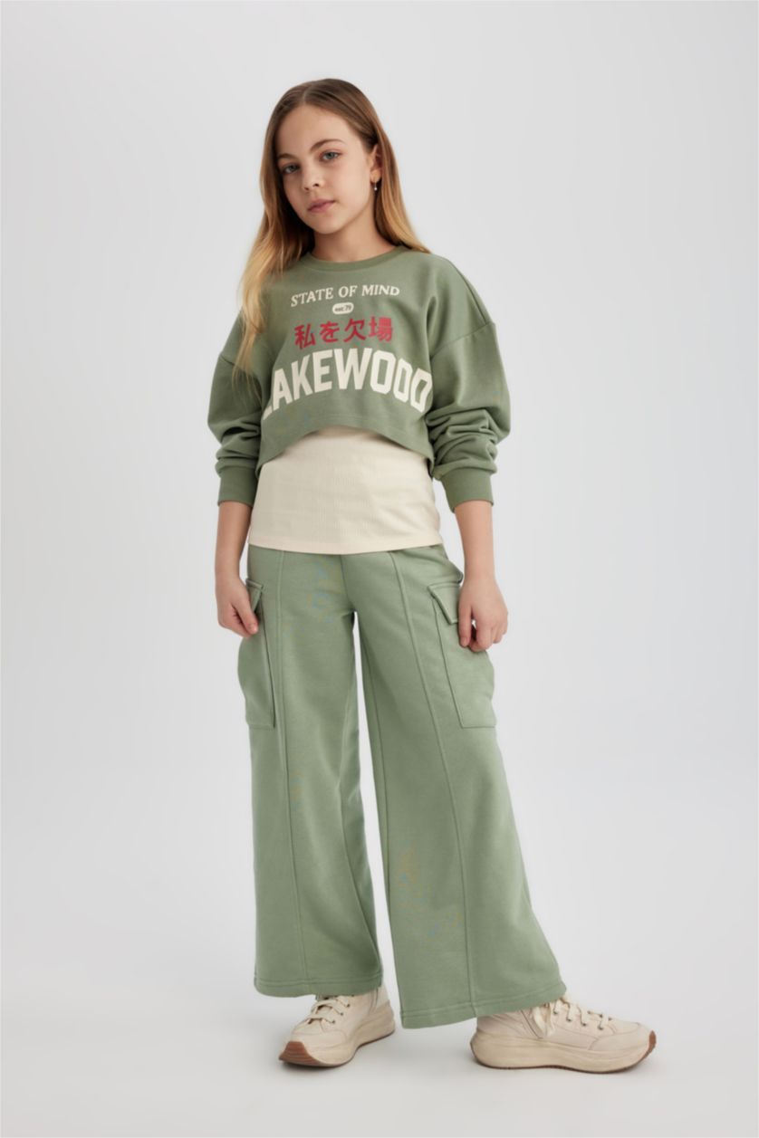 بنات أخضر فاتح بنطلون بجامة رياضي كارجو بناتي برجل واسع