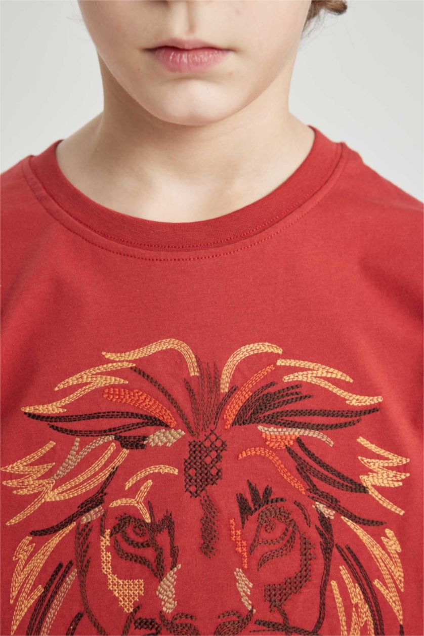 أولادي برتقلي غامق تيشيرت اوفر سايز اولادي مطرز نص كم برقبة مستديرة