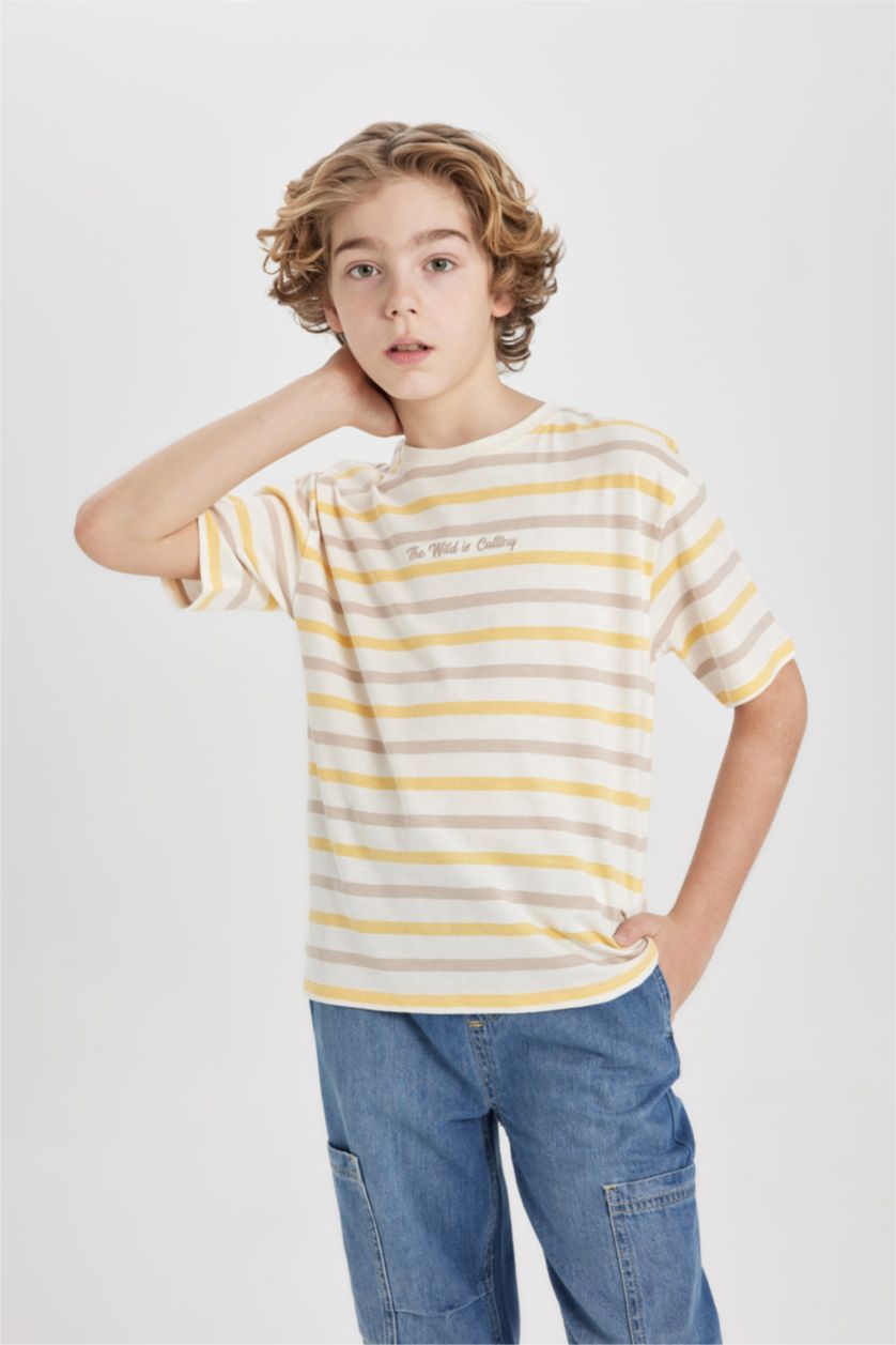 BOYS & TEENS Ecru Boy Oversize Fit Crew Neck Patterned Short Sleeve T-Shirt