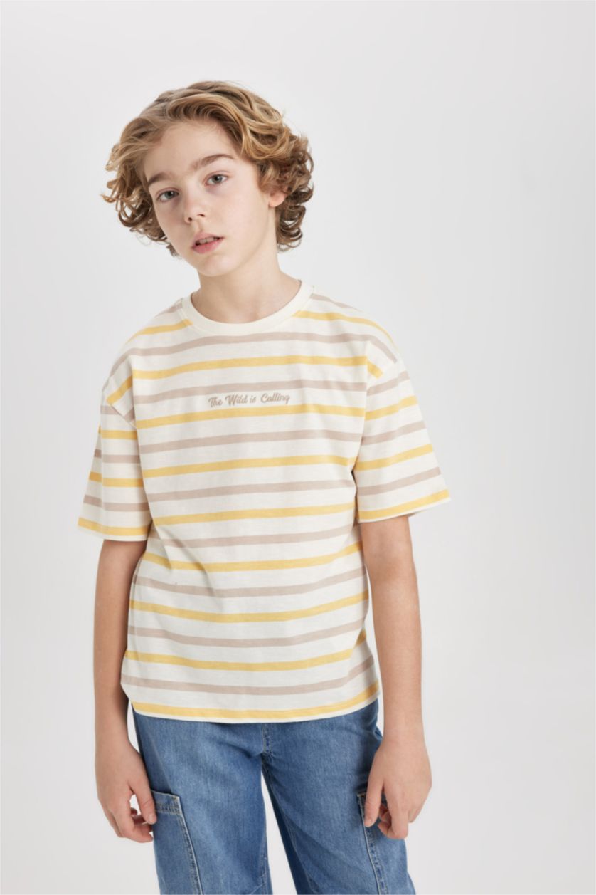 BOYS & TEENS Ecru Boy Oversize Fit Crew Neck Patterned Short Sleeve T-Shirt