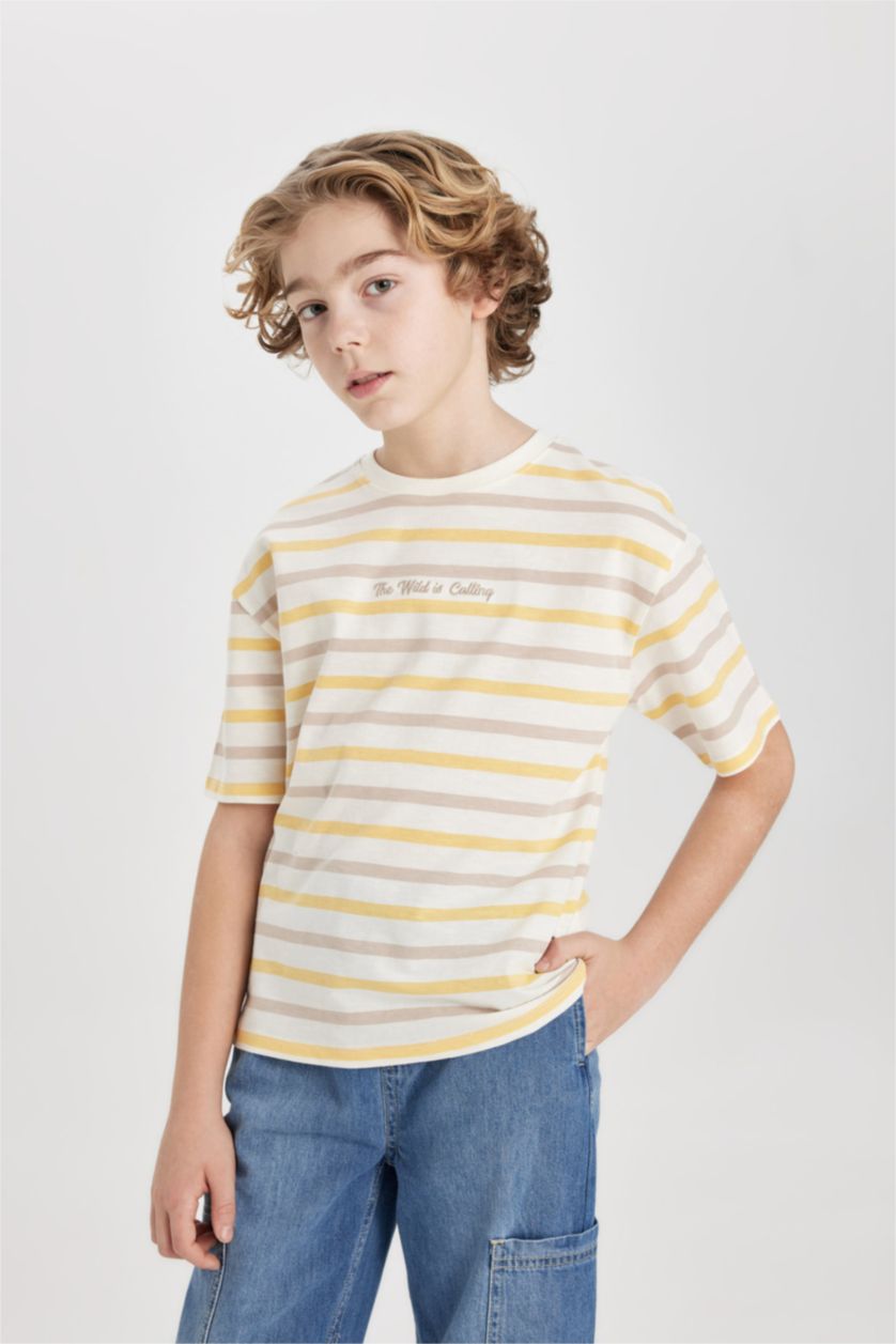 BOYS & TEENS Ecru Boy Oversize Fit Crew Neck Patterned Short Sleeve T-Shirt