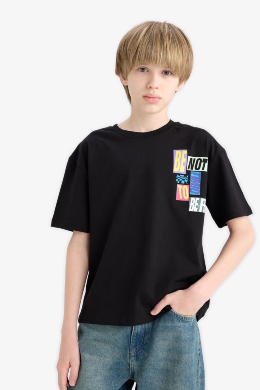 Erkek Çocuk - Genç Erkek Siyah Oversize Geniş Kalıp Bisiklet Yaka Kısa Kollu Tişört Erkek Çocuk