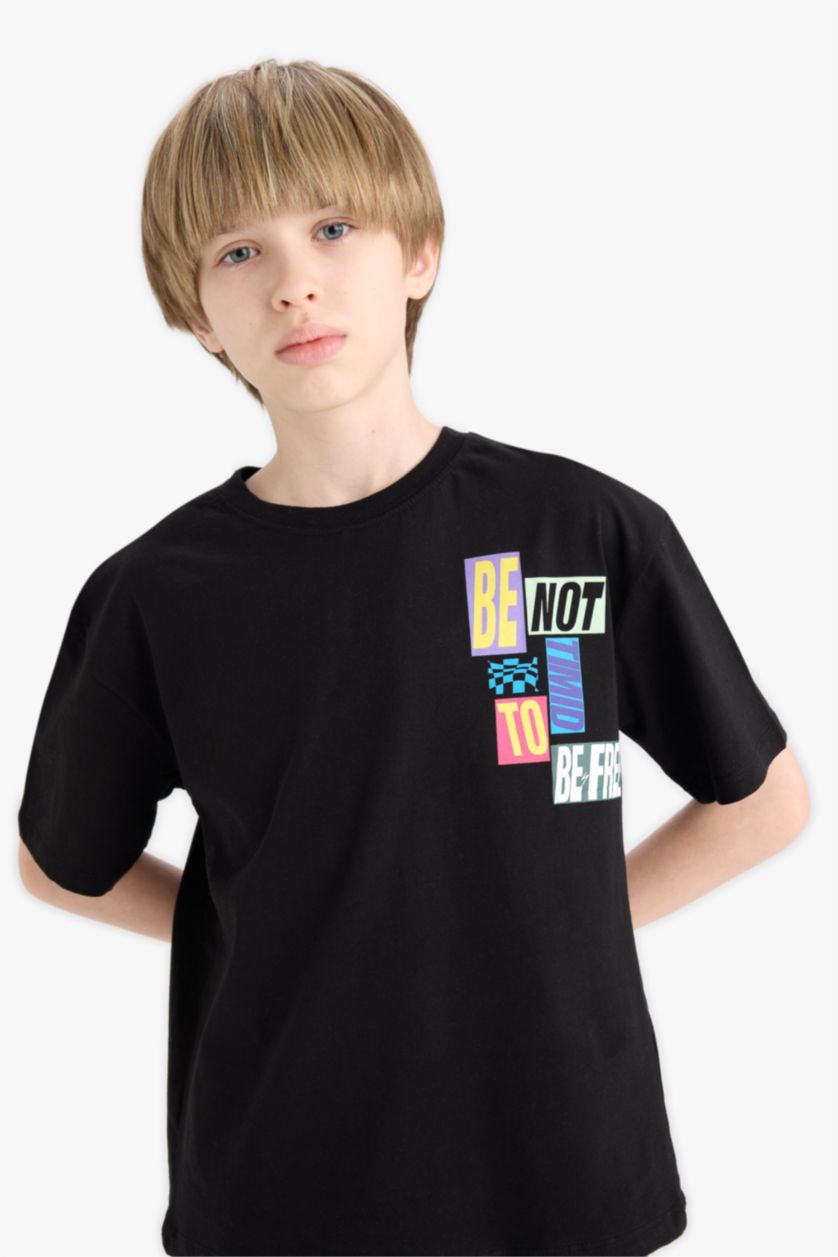 Erkek Çocuk - Genç Erkek Siyah Oversize Geniş Kalıp Bisiklet Yaka Kısa Kollu Tişört Erkek Çocuk