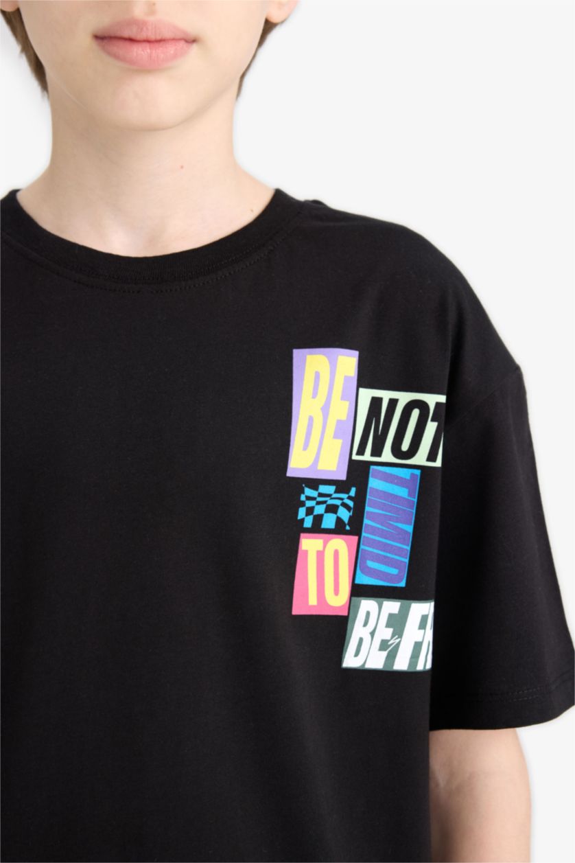 Erkek Çocuk - Genç Erkek Siyah Oversize Geniş Kalıp Bisiklet Yaka Kısa Kollu Tişört Erkek Çocuk