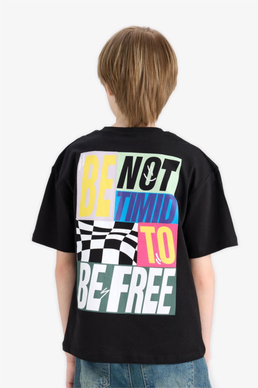 Erkek Çocuk - Genç Erkek Siyah Oversize Geniş Kalıp Bisiklet Yaka Kısa Kollu Tişört Erkek Çocuk