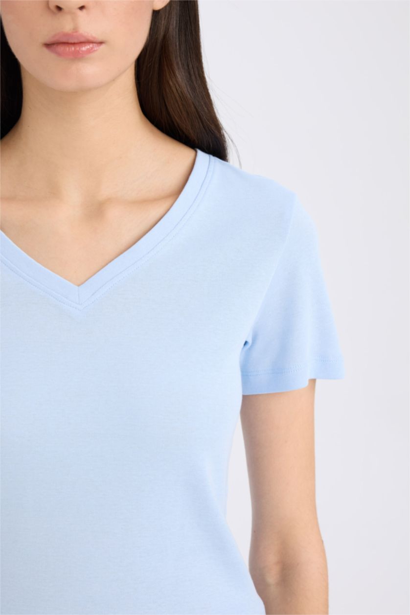 Женщины Светло-синий Обычная посадка, V-образный вырез, базовая простая рибана, футболка с коротким рукавом