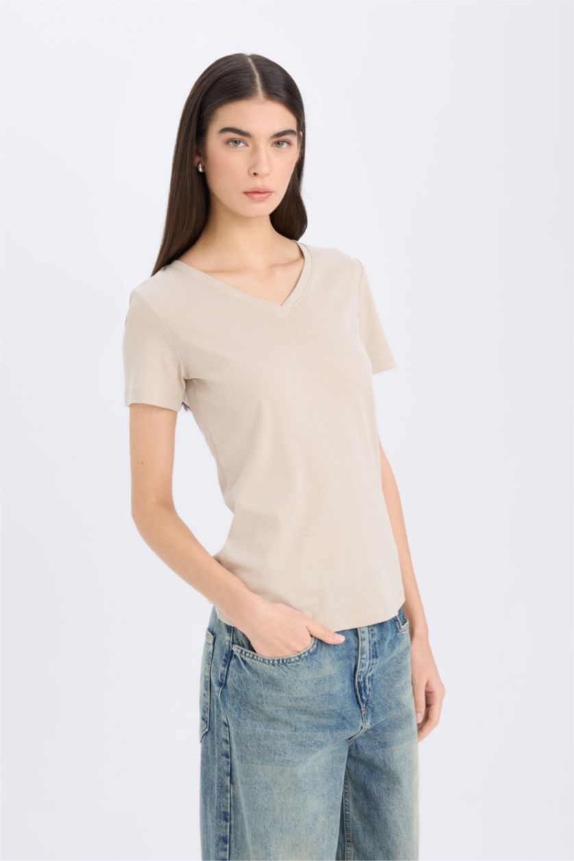 Woman Sand Regular Fit V-Neck Ribana Short Sleeve T-Shirt