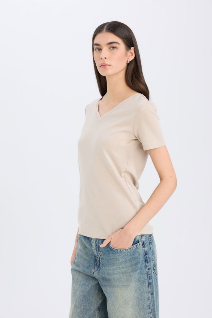 Woman Sand Regular Fit V-Neck Ribana Short Sleeve T-Shirt
