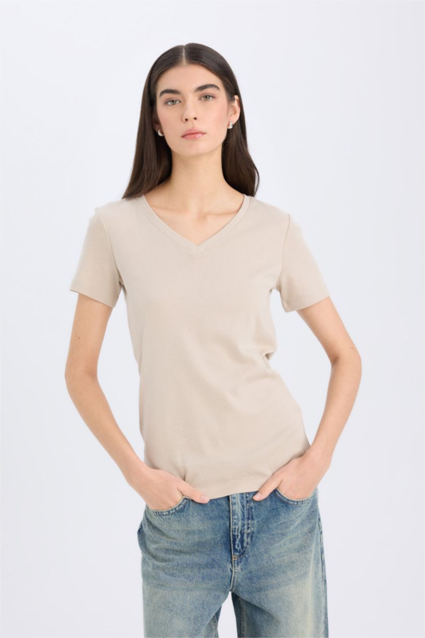 Woman Sand Regular Fit V-Neck Ribana Short Sleeve T-Shirt