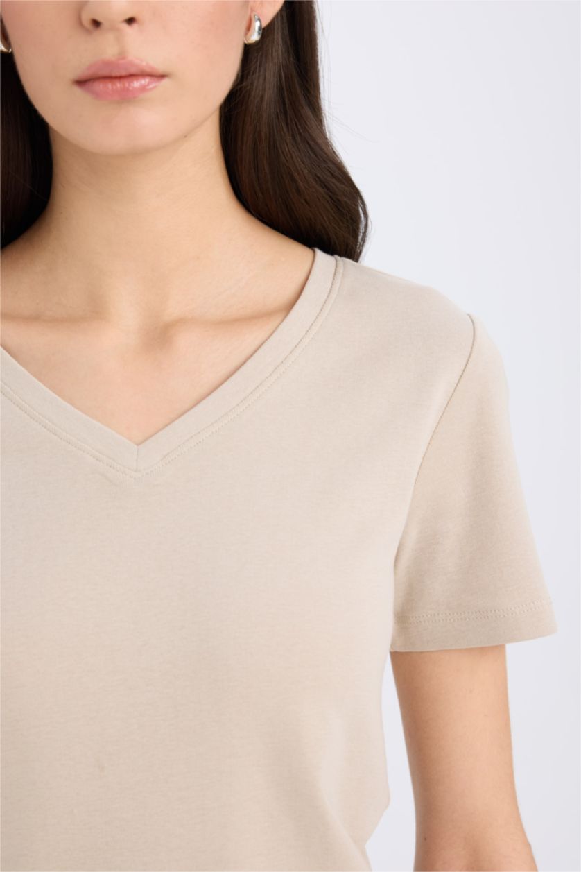 Woman Sand Regular Fit V-Neck Ribana Short Sleeve T-Shirt