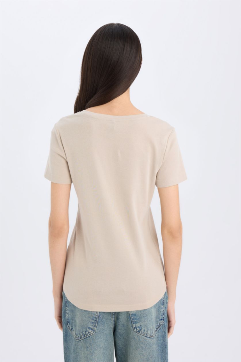 Woman Sand Regular Fit V-Neck Ribana Short Sleeve T-Shirt