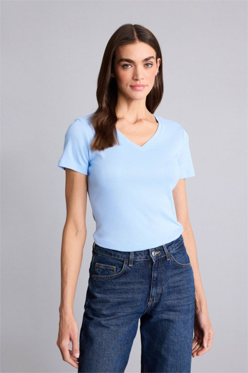 Женщины Светло-синий Regular Fit Ribana Short Sleeve T-Shirt