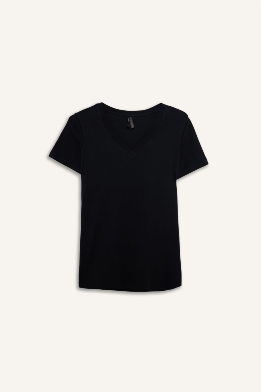 Женщины Черный Базовая футболка Regular Fit в рубчик с V-образным вырезом и коротким рукавом