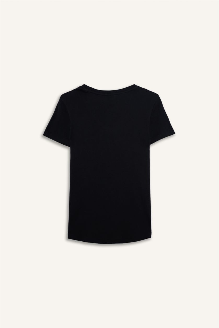 Женщины Черный Базовая футболка Regular Fit в рубчик с V-образным вырезом и коротким рукавом