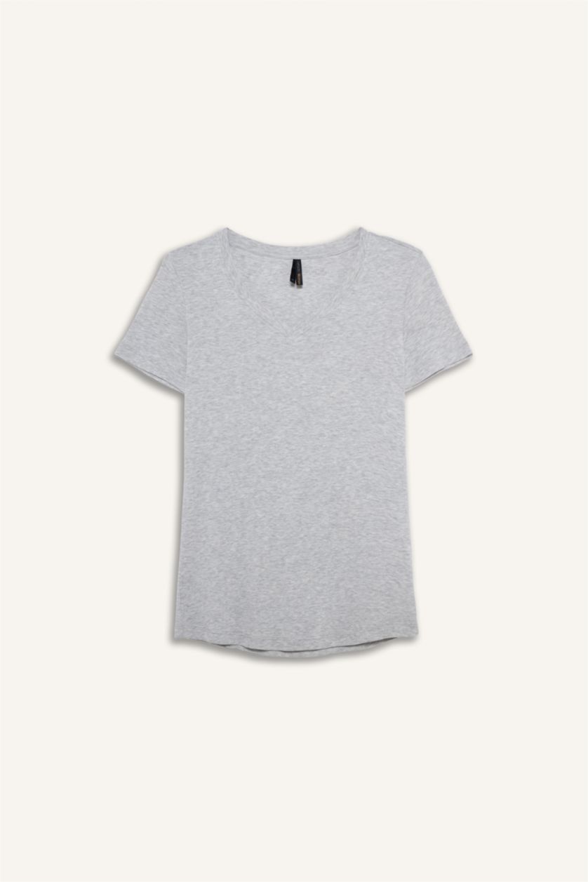 Әйелдерге Сұр Меланж Regular Fit V жағалы негізгі тегіс рибана қысқа жеңді футболка