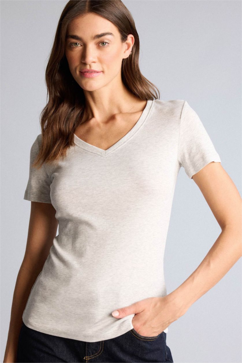 FEMME Gris T-shirt basique à col V et manches courtes Coupe régulière